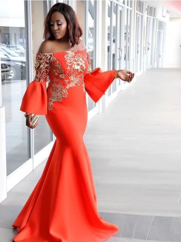 Shop Unique 2020 African Plus Size Women Off Shoulder Lace Long Sleeve Vintage Orange Mermaid Prom
